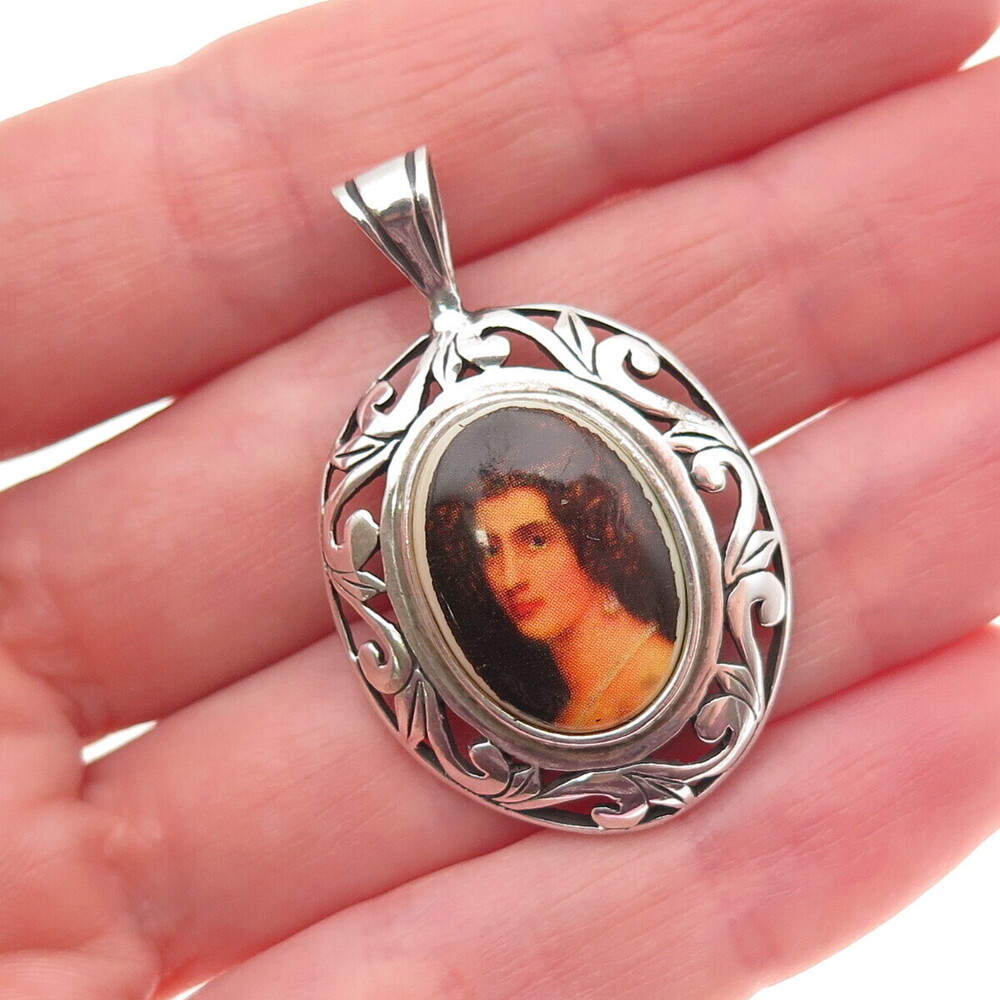 Jezlaine 925 Sterling Silver Vintage Lady Portrait Floral Charm Pendant